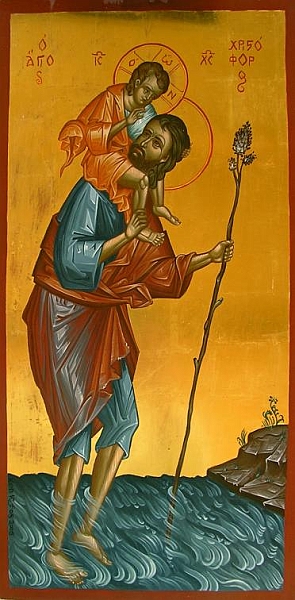 Christophoros web 18-2-2008 005.jpg - Der Heilige Christopheros trägt Christus über das Wasser. Abschrift einer Ikone aus Zypern.